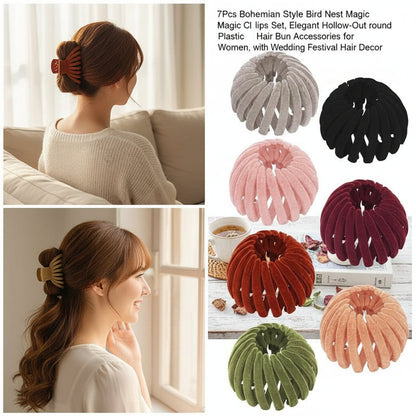 7Pcs Bohemian Style Bird Nest Magic Hair Clips Set, Elegant Hollow-Out round Plastic Hair Bun Accessories for Women, with Wedding Festival Hair Decor