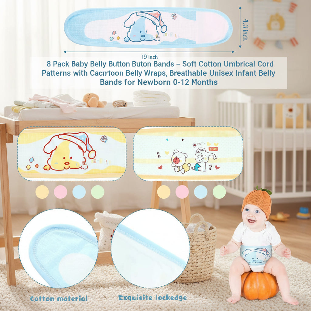8 Pack Baby Belly Button Bands – Soft Cotton Umbilical Cord Belly Wraps with Cute Cartoon Patterns, Breathable Unisex Infant Belly Bands for Newborns 0–12 Months