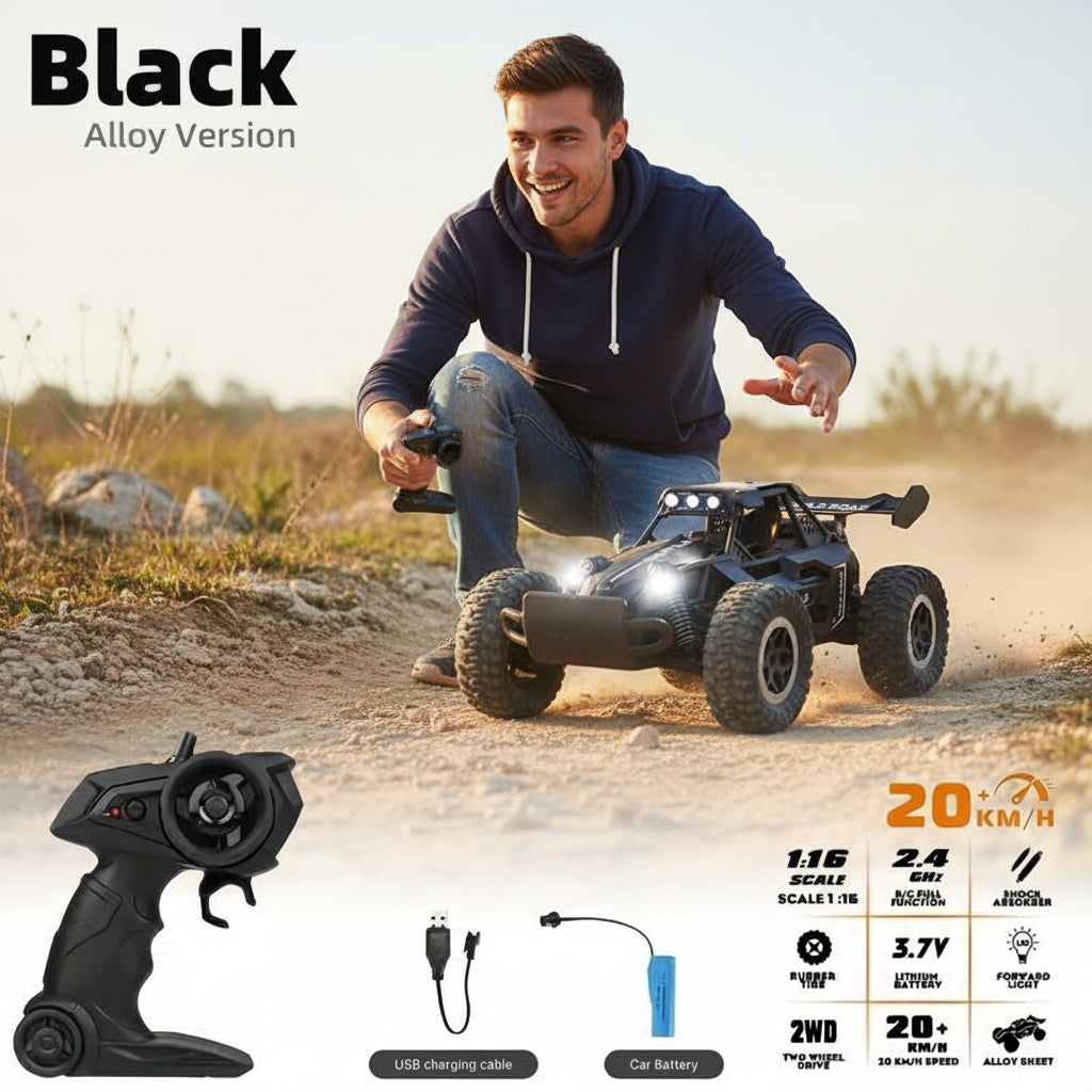 Alloy Remote Control Off-Road Vehicle, 1:16 Scale, 2.4Ghz Wireless Remote Control, Equipped with LED Headlights, Available in Black, Blue and Orange, with Shock Absorption Function.