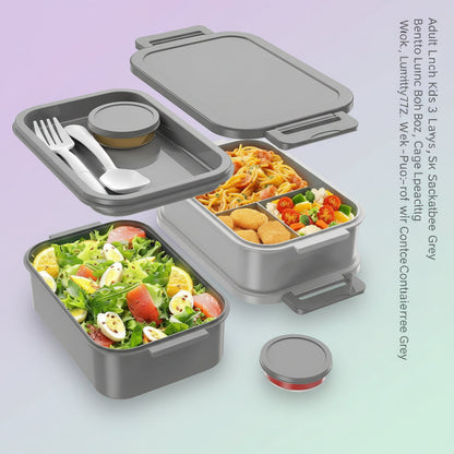 Adult Lunch Box Kids 3 Layers Stackable,Bento Lunch Box 72Oz Large Capacity Leak-Proof with Sauce Containers for Work,School,Outside Tableware Grey