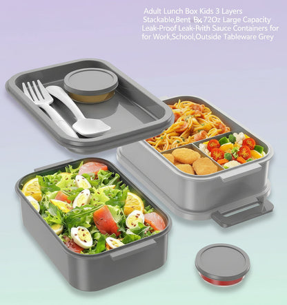 Adult Lunch Box Kids 3 Layers Stackable,Bento Lunch Box 72Oz Large Capacity Leak-Proof with Sauce Containers for Work,School,Outside Tableware Grey