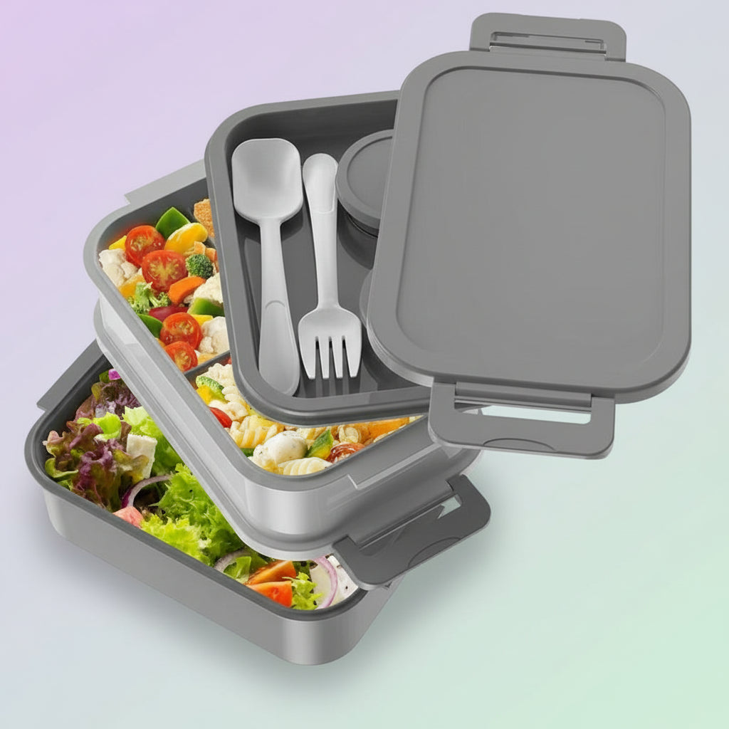 Adult Lunch Box Kids 3 Layers Stackable,Bento Lunch Box 72Oz Large Capacity Leak-Proof with Sauce Containers for Work,School,Outside Tableware Grey