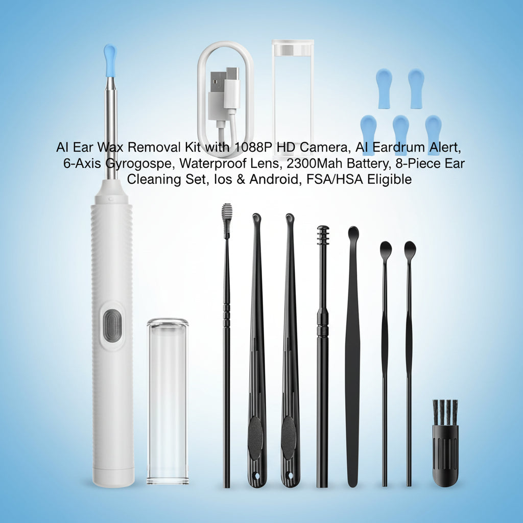 AI Ear Wax Removal Kit with 1080P HD Camera, AI Eardrum Alert, 6-Axis Gyroscope, Waterproof Lens, 230Mah Battery, 8-Piece Ear Cleaning Set, Ios & Android, FSA/HSA Eligible