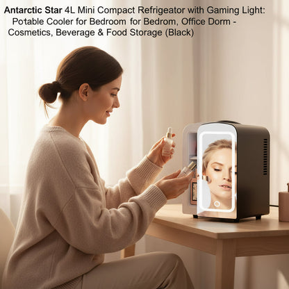 Antarctic Star 4L Mini Compact Refrigerator with Gaming Light: 6-Can Portable Cooler for Bedroom, Car, Office, Dorm - Cosmetics, Beverage & Food Storage (Black)