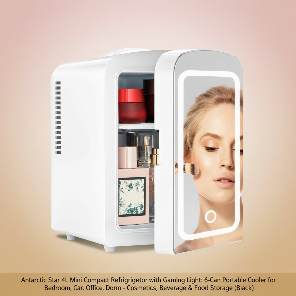 Antarctic Star 4L Mini Compact Refrigerator with Gaming Light: 6-Can Portable Cooler for Bedroom, Car, Office, Dorm - Cosmetics, Beverage & Food Storage (Black)