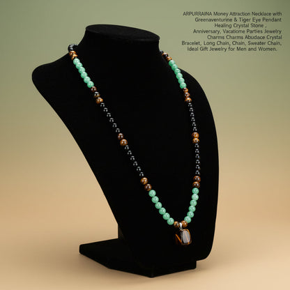 ARPURRAINA Money Attraction Necklace with Greenaventurine & Tiger Eye Pendant Healing Crystal Stone ，Anniversary, Vacation &Theme Parties Jewelry Charms Abundance Crystal Bracelet，Long Chain，Sweater Chain，Ideal Gift Jewelry for Men and Women