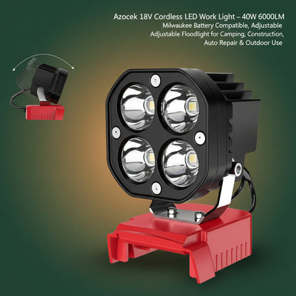 Azocek 18V Cordless LED Work Light – 40W 6000LM Milwaukee Battery Compatible, Adjustable Floodlight for Camping, Construction, Auto Repair & Outdoor Use