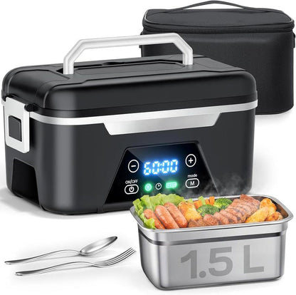Cordless Heated Lunch Box for Adults, 1.5L (6 Cups) Rechargeable Electric Lunch Box Battery Powered with Scheduled Heating, Automatic Heating,Portable Food Warmer with Insulated Bag (Black)