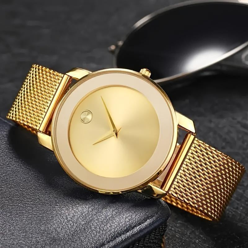A Stylish Women'S Quartz Watch with a Mesh Strap - Featuring a Golden round Dial, Fashionable Zinc Alloy Strap and Case, a Casual Decorative Accessory, Perfect as a Ramadan Gift or a Present for Mom.