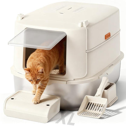 【For Big Cats】Extra Large Stainless Steel Cat Litter Box with Lid XL Enclosed Metal Litter Box for Large Cats, Features High Sidewalls, Removable Cover, Leak-Proof, Non-Stick, Easy to Clean, Beige Color