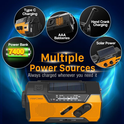 Fospower NOAA Emergency Weather Radio A1 7400Mwh Portable Power Bank, AM/FM, Usb/Solar/Hand Crank Charging, Battery Operated, SOS Alarm & Flashlight for Indoor/Outdoor Emergency - Orange