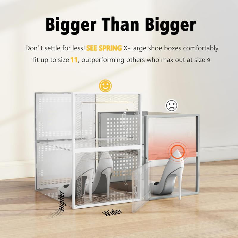 X-Large Shoe Storage Box Fit Size 11, Clear Plastic Stackable Shoe Organizer for Closet, Space Saving Foldable Shoe Rack Sneaker Container Bin Holder, 12 Pack Clear
