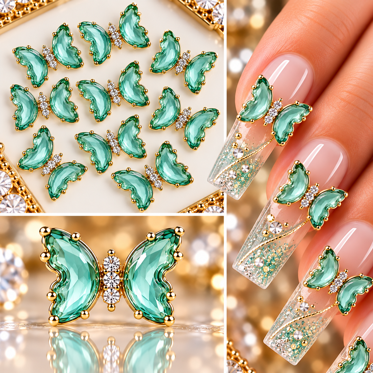 Queen - Nail Charms 10pc - #329 Gold Blue Butterflies