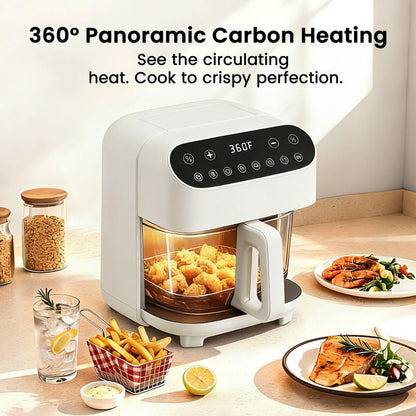 4.5 QT Glass Air Fryer - Pfas-Free & Dishwasher-Safe Basket, 8 Preset Touchscreen, 360° View Cooking, for Healthy Meals in Minutes - White