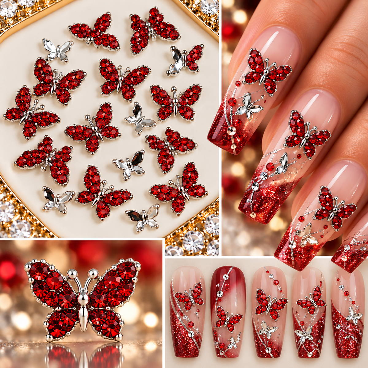 Queen - Nail Charms 10pc - #304 Silver Red Crystal Butterflies with Mini