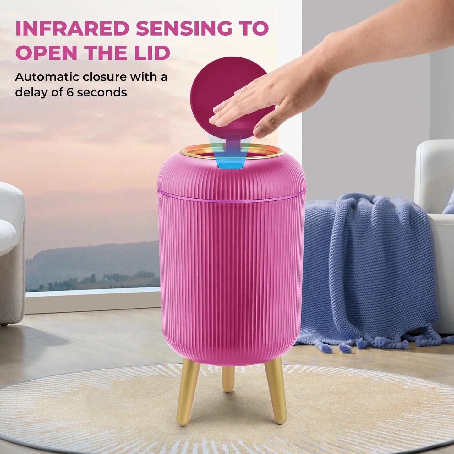 Small Automatic Sensor Garbage Can, Touchless, Waterproof, Pink, for Kitchen or Bathroom
