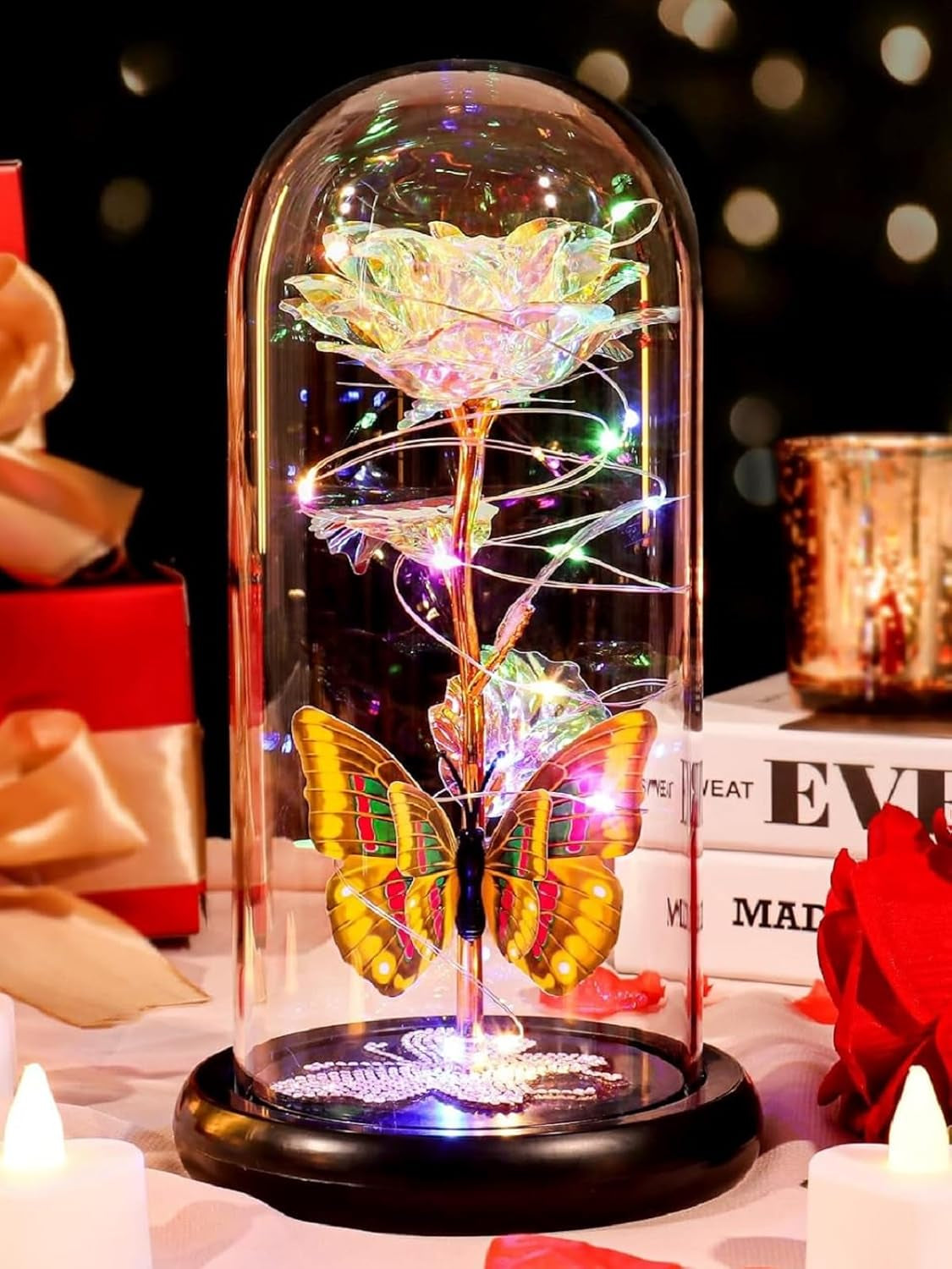 Valentines Day Birthday Gifts for Her Women Blue Rose Eternal Flower Light up Rose in Glass Dome with Butterfly, Valentine'S Flowers Gifts for Her Wife Mom Girlfriend Delivery Prime Anniversary