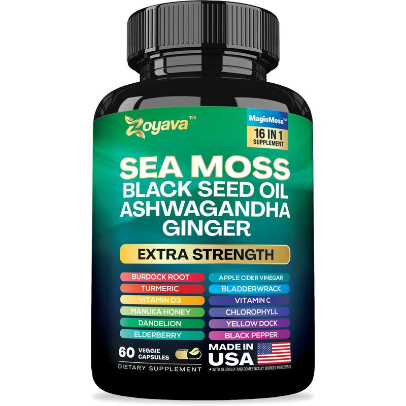 Zoyava Sea Moss Supplement - All-In-One Multivitamin with Black Seed Oil, Ashwagandha & 15+ Extra Strength Ingredients - 60 Capsules - MADE in USA