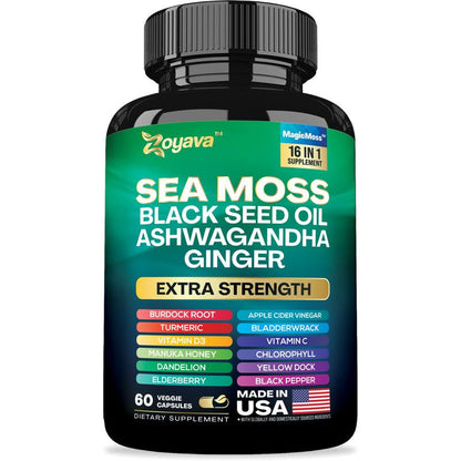 Zoyava Sea Moss Supplement - All-In-One Multivitamin with Black Seed Oil, Ashwagandha & 15+ Extra Strength Ingredients - 60 Capsules - MADE in USA