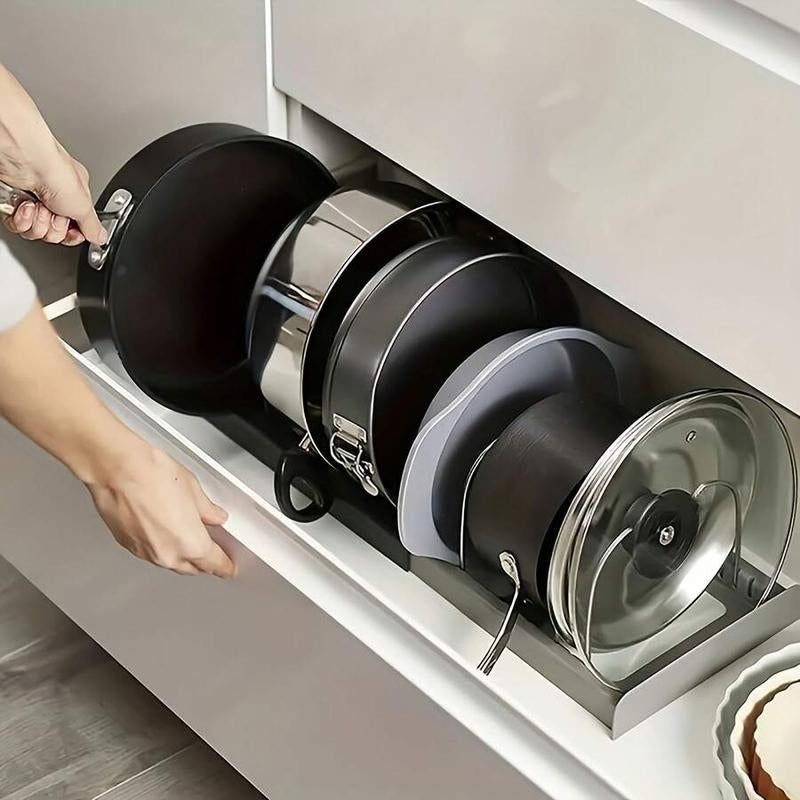 Expandable Pot and Pan Organizer Rack for Cabinet, Pot Lid Organizer Holder with 7 Stainless Steel Adjustable Dividers for Kitchen Cabinet Organizer and Storage