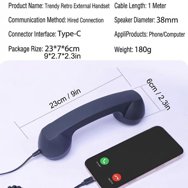 Novelty Retro Handset for Phones – Fun Gift for Parents, Teens & Offices, Easy Plug-In Type-C, Clear Calls, Tangle-Free 3Ft Cable