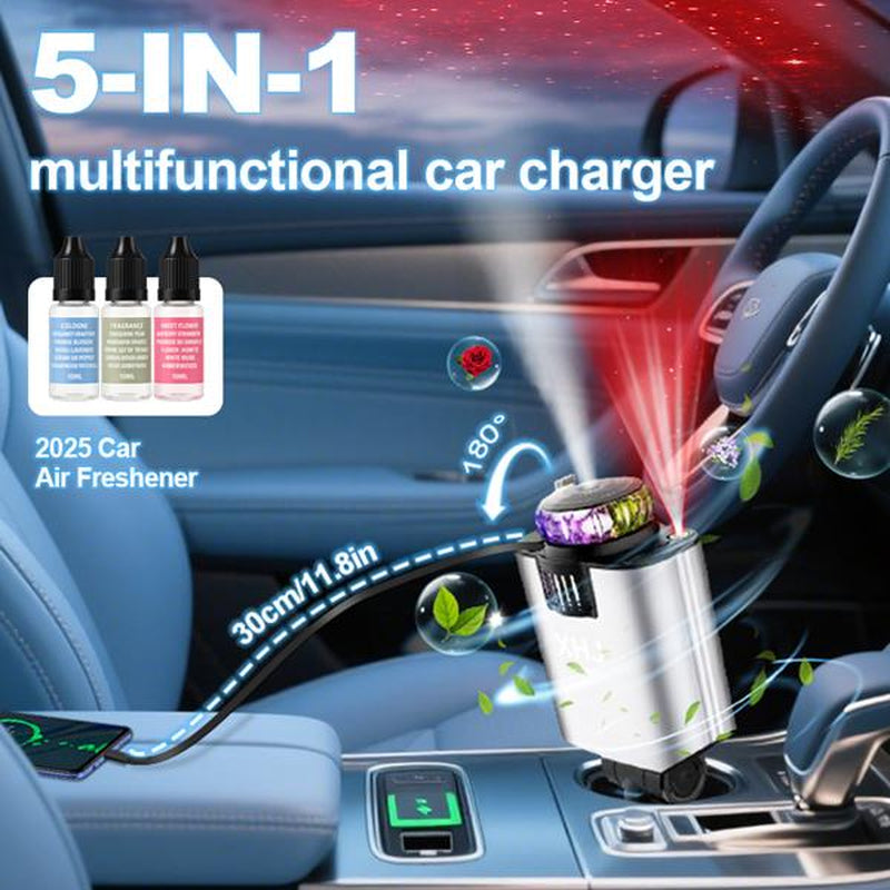 XHJ Starlight Car Air Freshener & Diffuser with Retractable Charger,Dual USB Ports Aromatherapy Freshener,Ambient Lighting,Complete Gift Set for Men,12-24V Compatibility