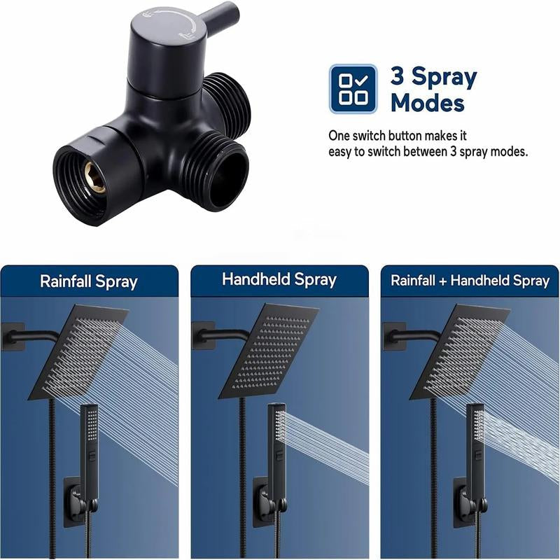 6/8"High Pressure Square Rainshower Head and 2-In-1 Handshower.Equipped with 78"Hose, 3Way Diverter Valve,Adhesive Showerhead Holder New Shower Rainfall Water Flow Stainless Steel Installation