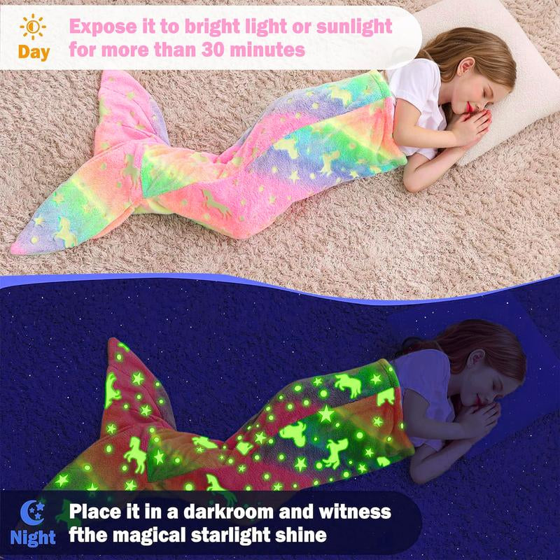Kids Mermaid Tail Blanket - Mermaid Tail Blankets Glow in the Dark - Flannel Mermaid Blanket Gifts for Girls - Luminous Star Super Soft Tie Dye Girls Toys-Sleeping Bags