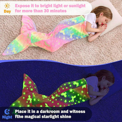 Kids Mermaid Tail Blanket - Mermaid Tail Blankets Glow in the Dark - Flannel Mermaid Blanket Gifts for Girls - Luminous Star Super Soft Tie Dye Girls Toys-Sleeping Bags