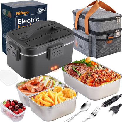 Electric Lunch Box 80W 1.5L Stainless Steel Bento Warmer with Indicator Light & Portable Tableware Set for Home Office Travel Food Quick Storage Fork 80W/1.5L/Black