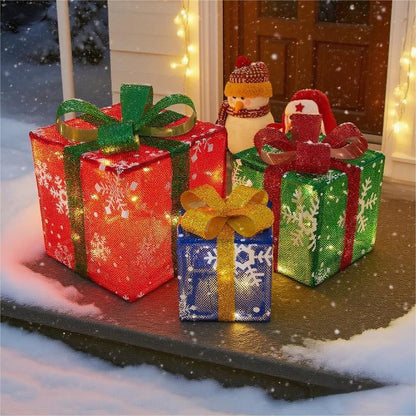 3-Pack Christmas Gift Box Lights – Transparent Red Design with Fairy Light Strings for Indoor Decor. Features Battery Dual Power Supply, 8 Flashing Modes with Timer Function. Perfect for Christmas Trees, Home Decor, Weddings & Birthday Parties