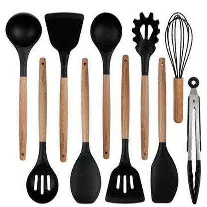 Silicone Cooking Utensils Set 10 Pcs - BPA Free Kitchen Utensil Set with Heat-Resistant Wood Handles, Non-Scratch Spatula Set Safe for Nonstick Cookware (Black)