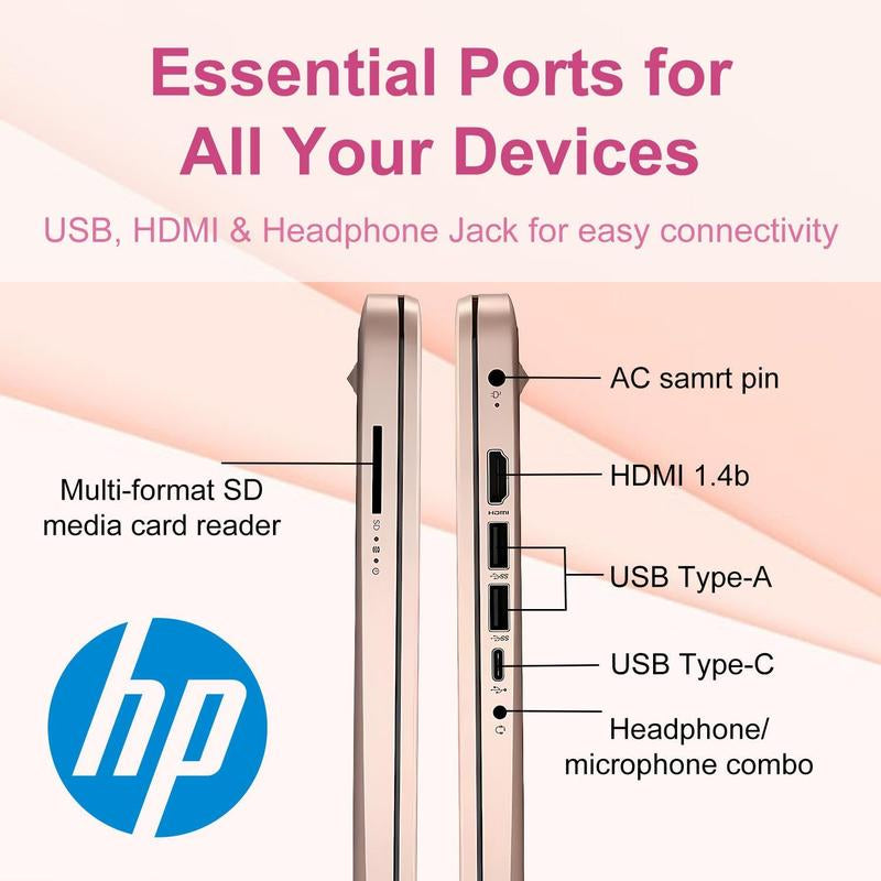 HP 14” Rose Gold Laptop, Intel Dual-Core, 4GB RAM, 64GB SSD, HD Display, Windows 11, Microsoft 365 Web Apps with 1TB Onedrive, Lightweight Student Computer, Rose Gold