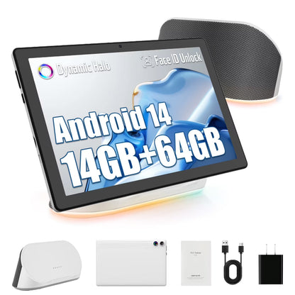 Android 14 Tablet with Rechargeable Stereo Speaker Audio Base, 10 Inch Tablet with HD IPS Touch Screen, Otca-Core, 14GB RAM 64GB ROM 1T Expand, Wi-Fi 6, BT 5.3, Dual Camera, Google Tablet