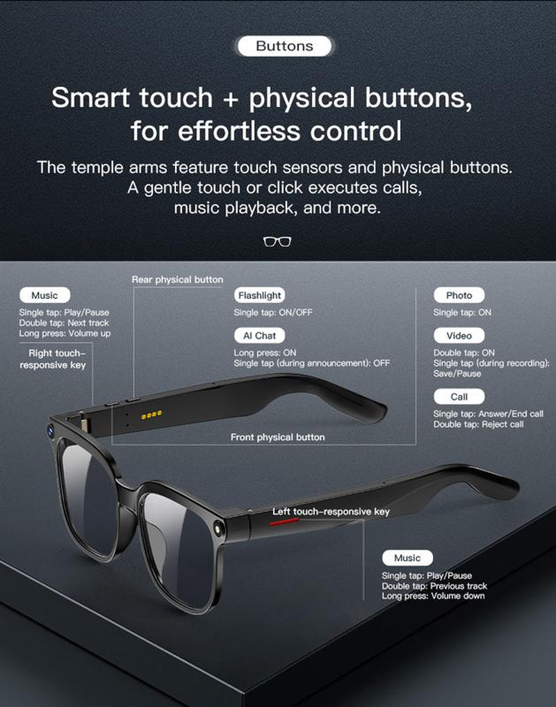 4K Smart Camera Glasses with 8MP Camera, 1080P HD Video Recording, Bluetooth Audio Sunglasses, Real-Time AI Translation, Voice Assistant, Touch Control, Wearable Camera Glasses for Travel & Daily Use