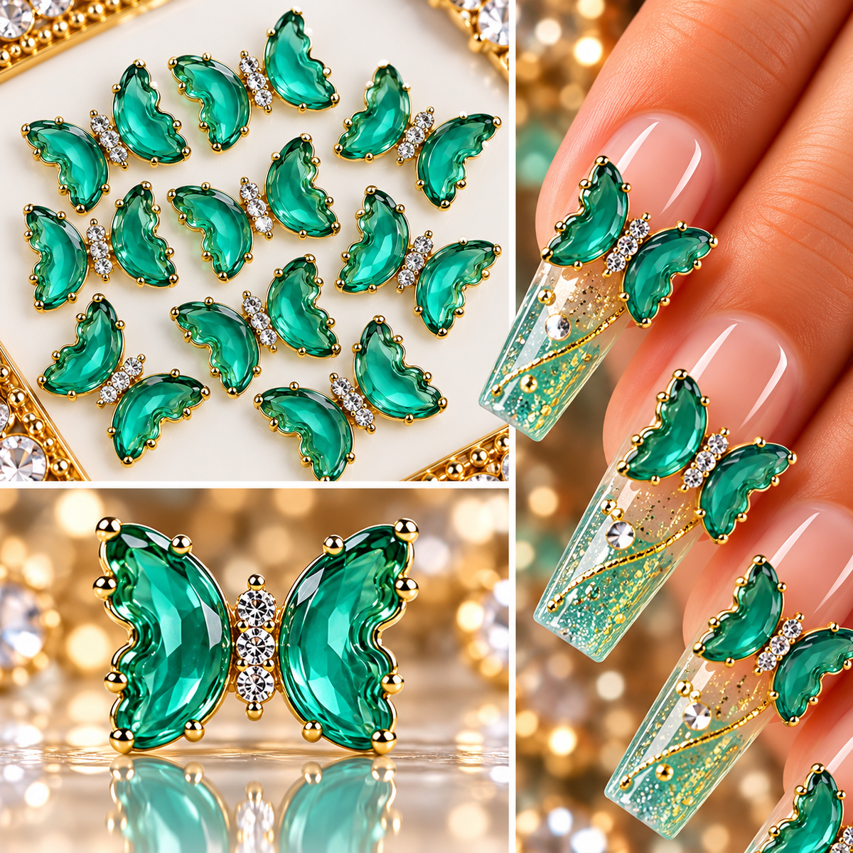 Queen - Nail Charms 10pc - #328 Gold Cyan Butterflies