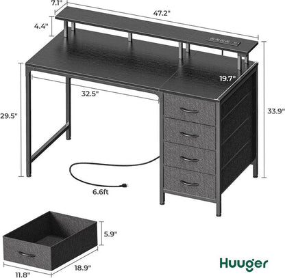 Computer Desk with Power Outlets and LED Lights, Gaming Desk with 4 Drawers, Office Desk with Monitor Stand, Study Work Home Office, Small Spaces, Black