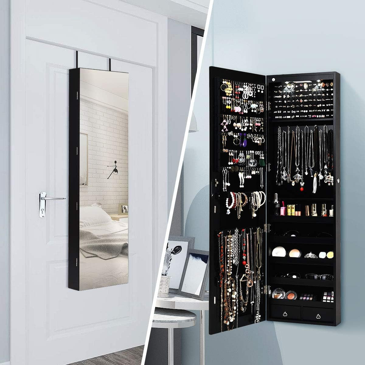 Wall Door Mounted Jewelry Armoire Cabinet with 47.5" H Full Length Mirror, 2 Leds Lockable Jewelry Organizer Box with Bracelet Rod, 2 Drawers, Large Storage Capacity (Black)