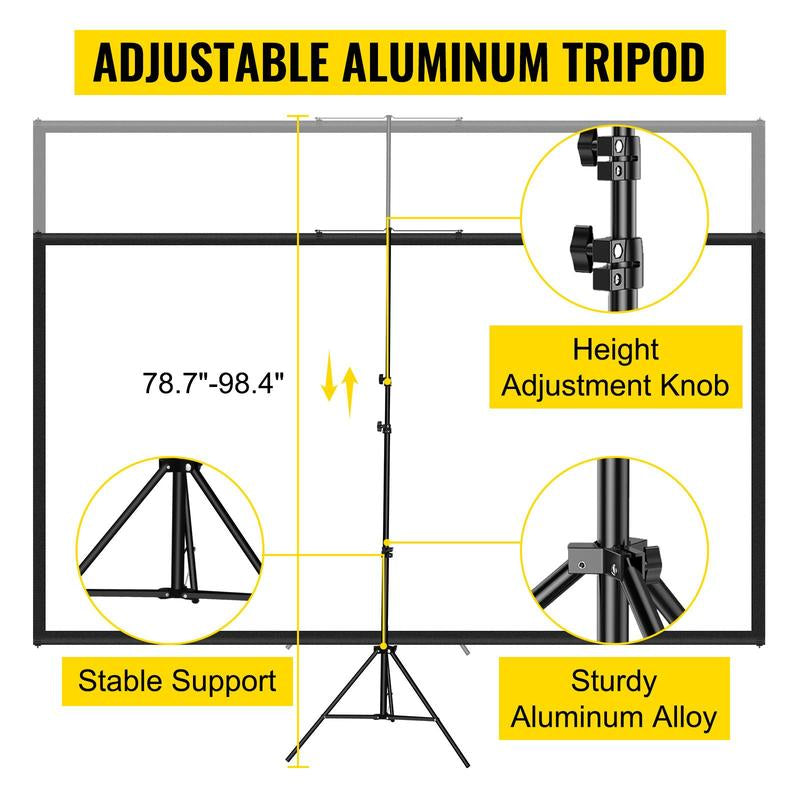 VEVOR Tripod Projector Screen with Stand 100Inch 16:9 4K HD Projection Screen Stand Wrinkle-Free Height Adjustable Portable Screen for Projector Indoor & Outdoor for Movie, , Home Cinema, Gaming, Office