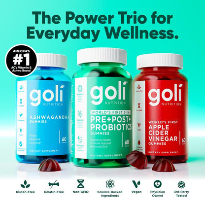 Goli Ultimate Power Wellness Trio: 3-in-1 Gummies for Stress Relief, Gut Health & Immune Support - Vegan, Gluten-Free & Non-GMO!