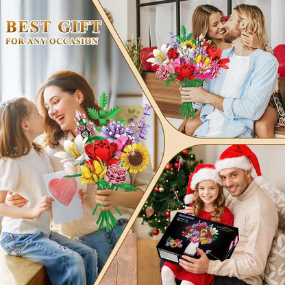 PLAXSOON 1461PCS Flower Bouquet Building Blocks, 18 Flowers & Fruit Ornaments, Everlasting Home Decor, Valentine Birthday Gift for Adults Women Kids 8+