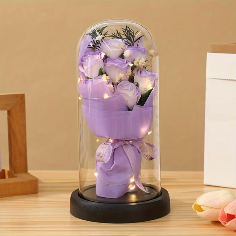 Eternal Rose Soap Flower Bouquet with LED Glass Dome – Romantic Gift Decor