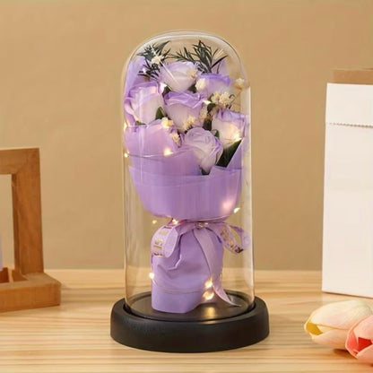 Eternal Rose Soap Flower Bouquet with LED Glass Dome – Romantic Gift Decor