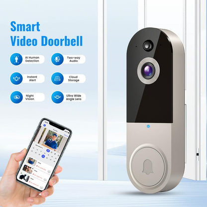 1080P Wireless Doorbell Camera, Smart Wifi Video Doorbell, AI Human Detection, Two-Way Audio, Night Vision, Cloud Storage, Instant Alert, 2.4Ghz Wifi, Outdoor Security Camera, Rechargeable Battery Powered