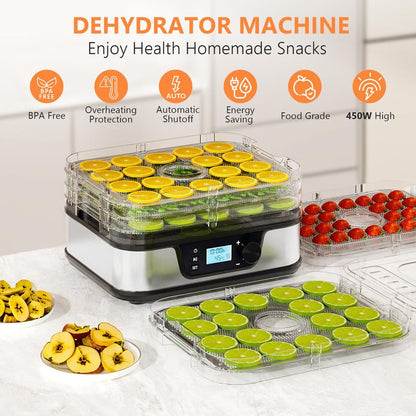 COWSAR Fruit and Vegetable Dryer, Stainless Steel Dehydrater for Fruit Herb Food Meat - 5 Compartments Fruit Vegetable Dryer,With Convection 72 Hours Timer LCD Screen