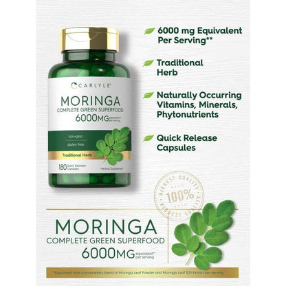 Carlyle Moringa Oleifera | 180 Capsules | Non-Gmo and Gluten Free Supplement | Complete Green Superfood | from Moringa Leaf Powder