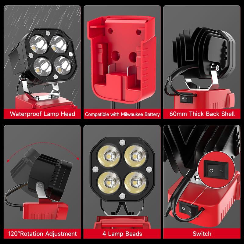 Azocek 18V Cordless LED Work Light – 40W 6000LM Milwaukee Battery Compatible, Adjustable Floodlight for Camping, Construction, Auto Repair & Outdoor Use