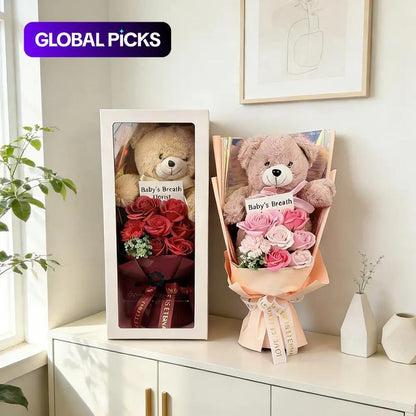 Preserved Rose Bouquet Flowers with Teddy Bear - Celebration, Anniversary, Birthday, Flower Arrangement, Flower Gift, Everlasting Rose, Flowers, for Women,Gift Mother'S Day, Gift Boxes