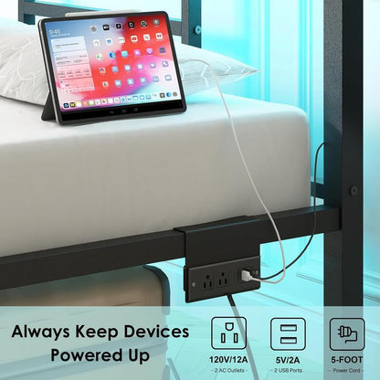 Full Size LED Bed Frame with Charging Station, Metal Platform Bed with USB Ports & Outlets, Heavy Duty Frame with under Bed Storage, Easy Assembly