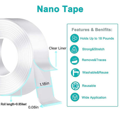Double Sided Tape Heavy Duty(9.85Ft), Nano Double Sided Adhesive Tape, Clear Mounting Tape Picture Hanging Adhesive Strips.